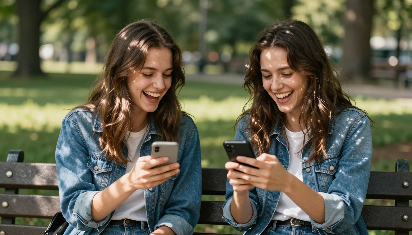Two women laughing together on a park bench sharing something on a phone