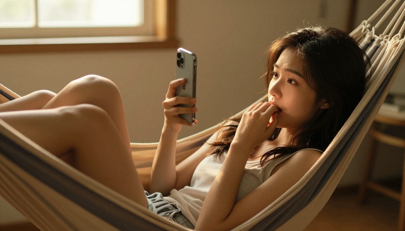 Young Asian woman lying in a hammock, reading chat messages with shy excitement on her phone