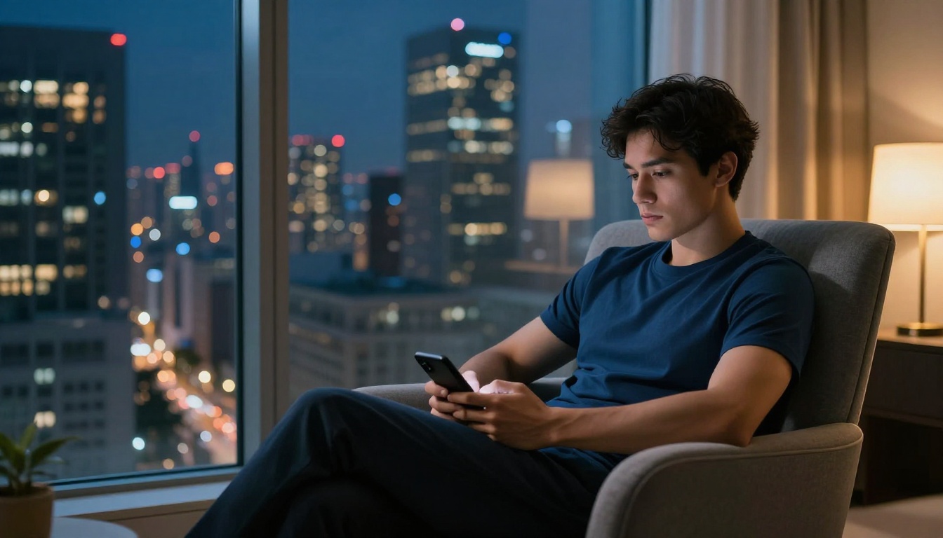 Man alone at night in modern apartment looking at city lights Man alone at night in modern apartment looking at city lights