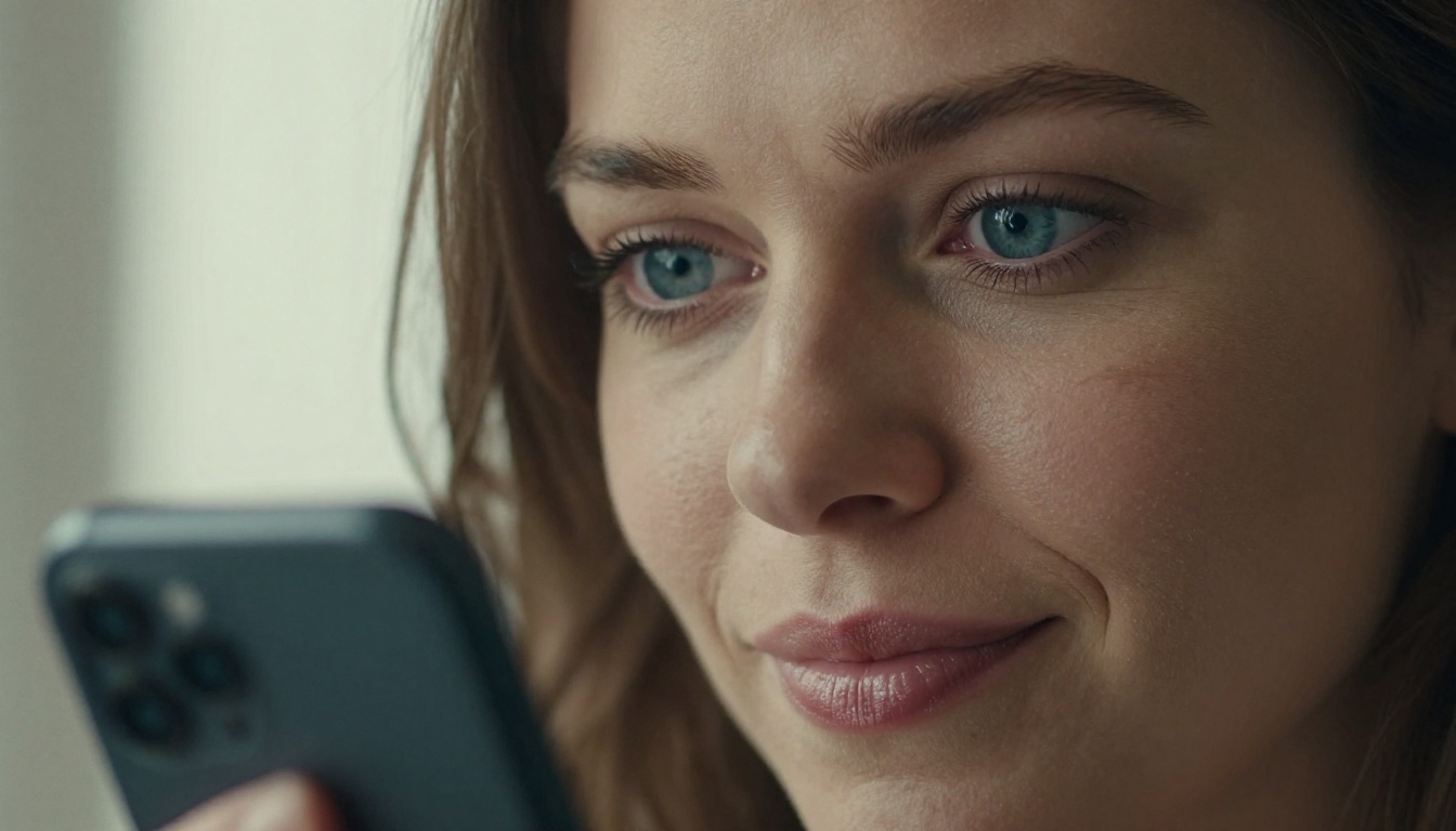 European woman with blue eyes holding her smartphone close, expression of curiosity and happiness