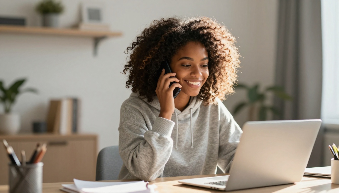 Young Black woman smiling warmly at her phone propped against a laptop in a bright home office