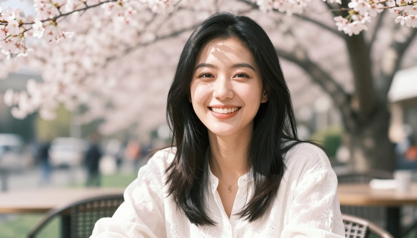 Beautiful Asian woman laughing at outdoor cafe in cherry blossom setting Beautiful Asian woman laughing at outdoor cafe in cherry blossom setting