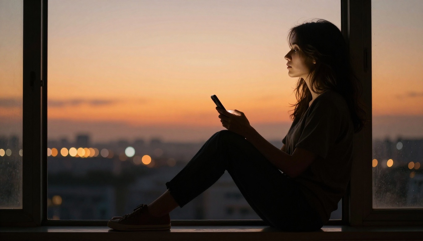 Woman's silhouette on a window ledge at dusk holding a phone to her chest, city lights bokeh behind her