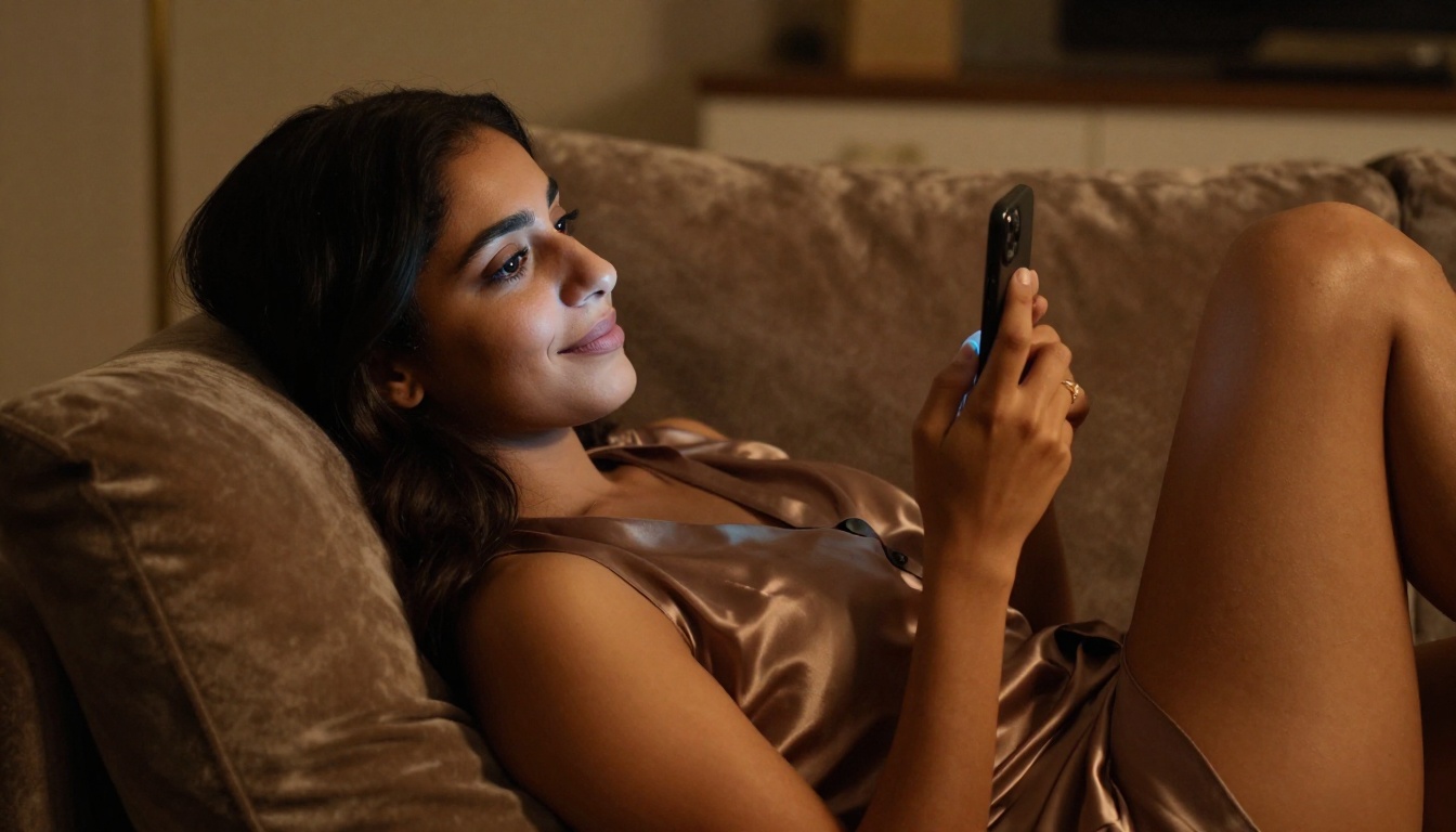 Middle Eastern woman with dark eyes relaxing on a velvet sofa reading messages with a knowing smile