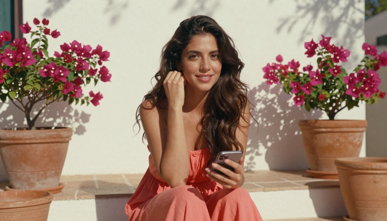 Latina woman smiling warmly on sun-drenched Mediterranean terrace Latina woman smiling warmly on sun-drenched Mediterranean terrace