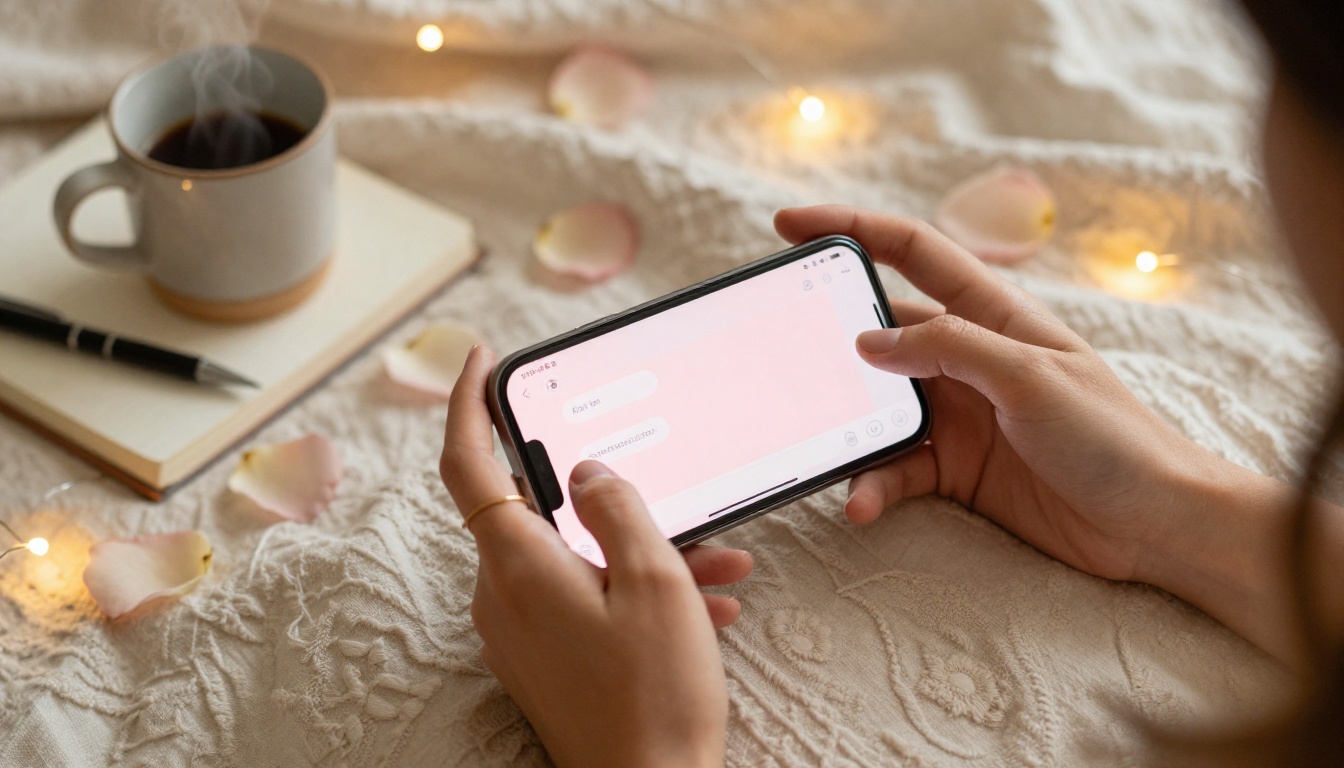 Close-up flat-lay of hands holding glowing phone with cozy bedroom elements Close-up flat-lay of hands holding glowing phone with cozy bedroom elements
