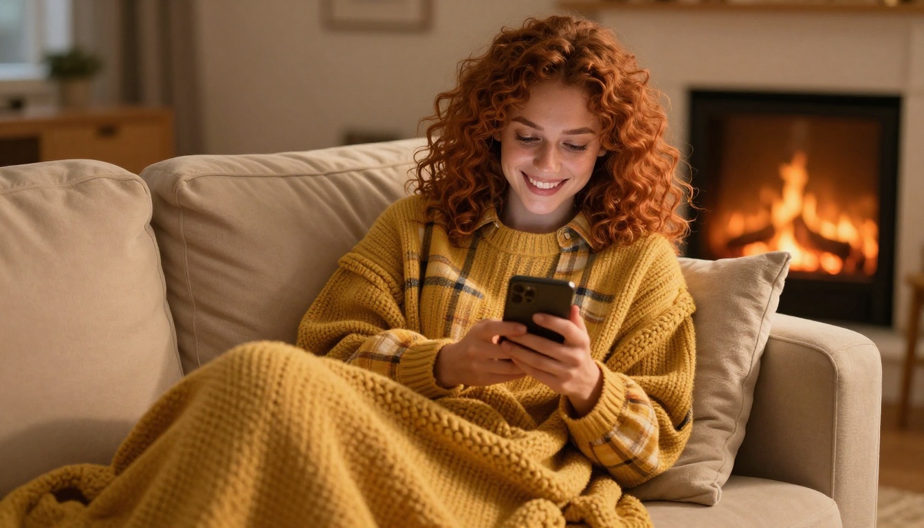 Young woman with curly auburn hair curled up contentedly on sofa by firelight Young woman with curly auburn hair curled up contentedly on sofa by firelight