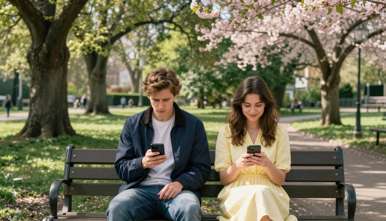 Two people on park bench with different experiences on their phones Two people on park bench with different experiences on their phones