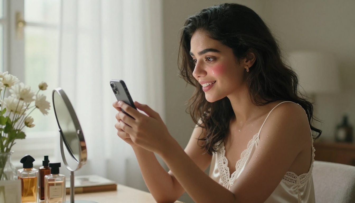 Middle Eastern woman at dressing table with shy excited smile looking at phone Middle Eastern woman at dressing table with shy excited smile looking at phone