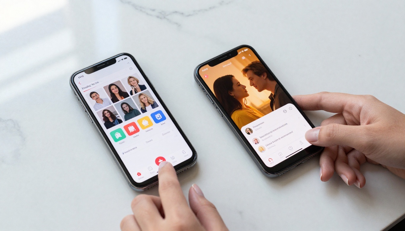 Two smartphones side by side comparing dating apps on a marble surface
