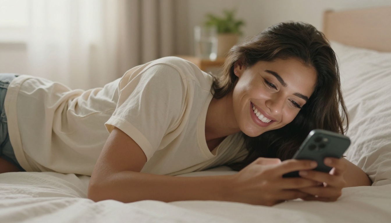 Woman smiling warmly at her phone while lying on a cozy white linen bed