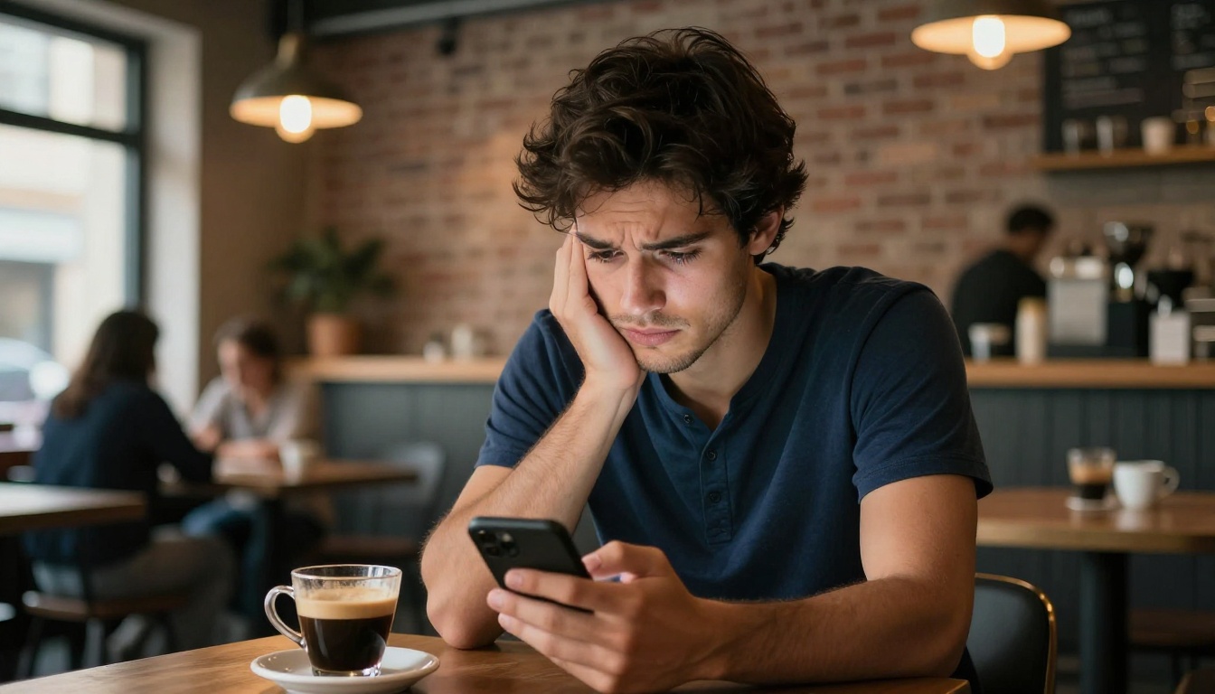 Man looking at his phone with mild frustration at a coffee shop table