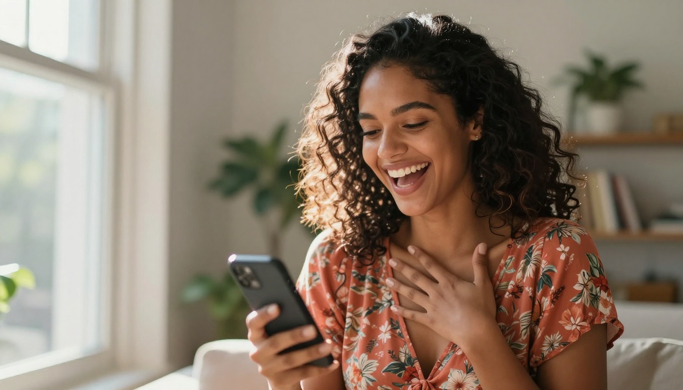 Beautiful Latina woman laughing at her phone by a sunlit apartment window