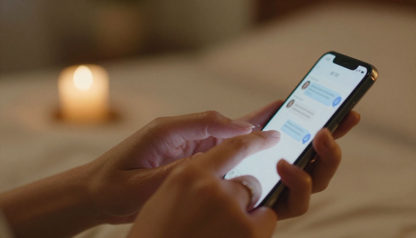 Close-up of feminine hands typing an intimate message on a glowing phone screen