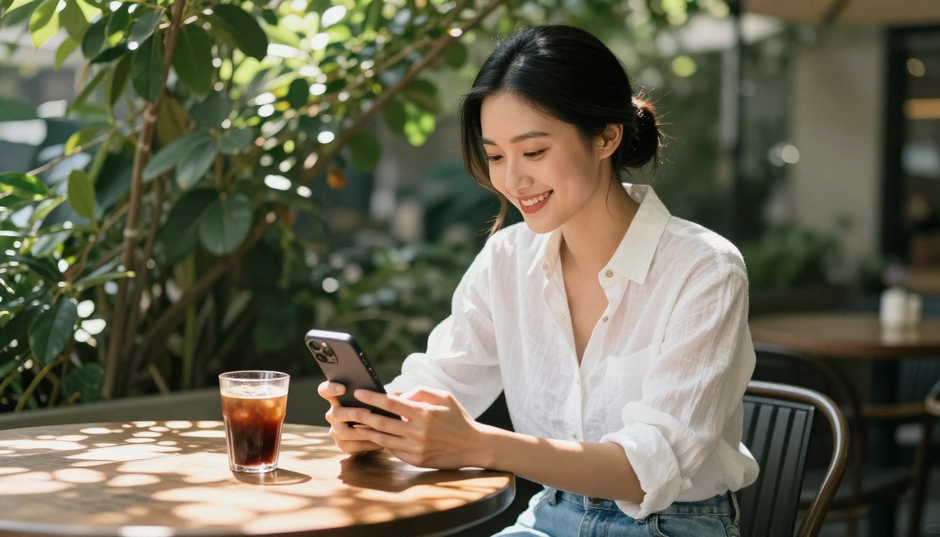 East Asian woman with a knowing smile sitting at an outdoor cafe with her phone