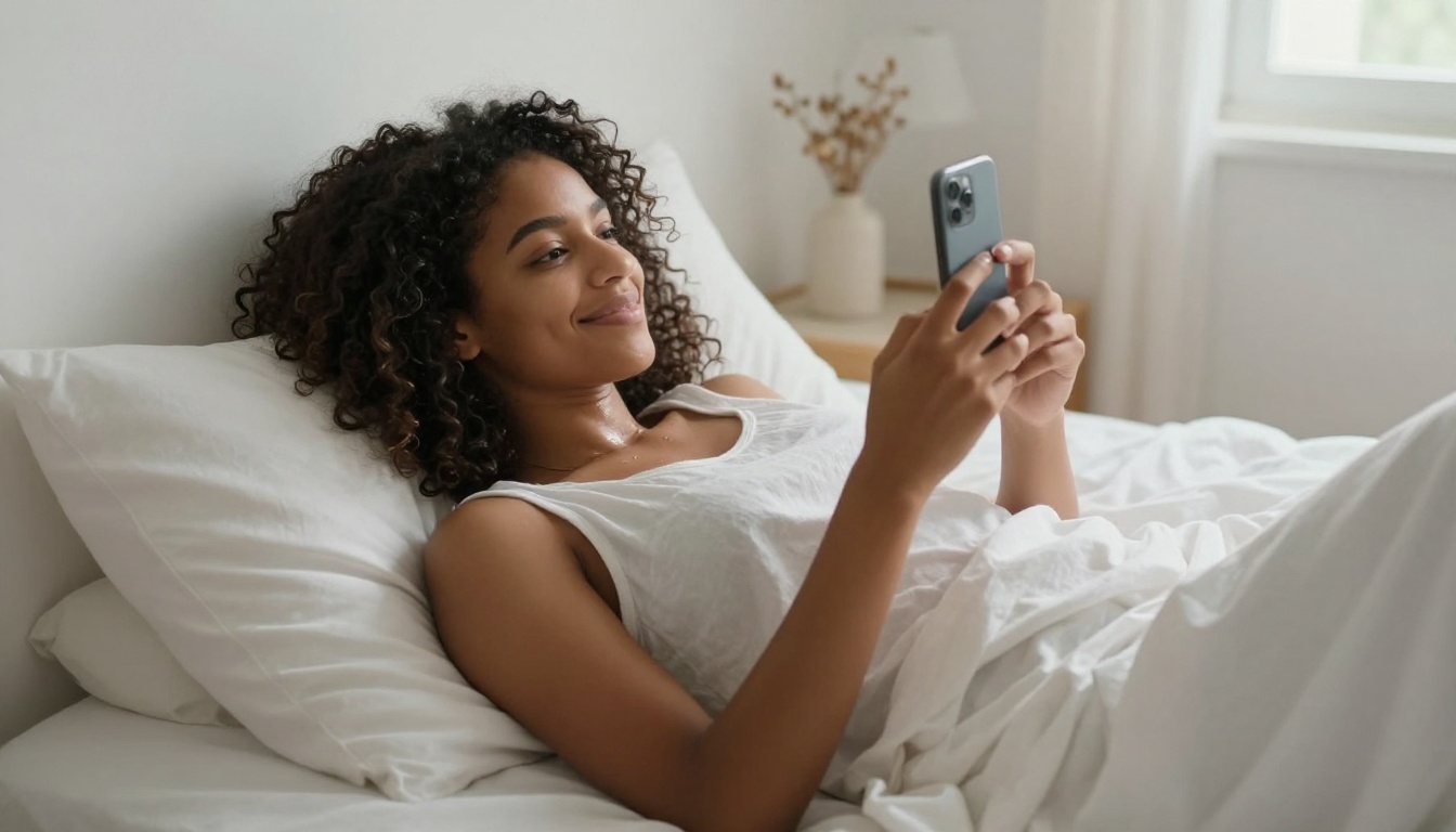 Woman with natural coily hair lying on a white bed holding her phone with a warm expression
