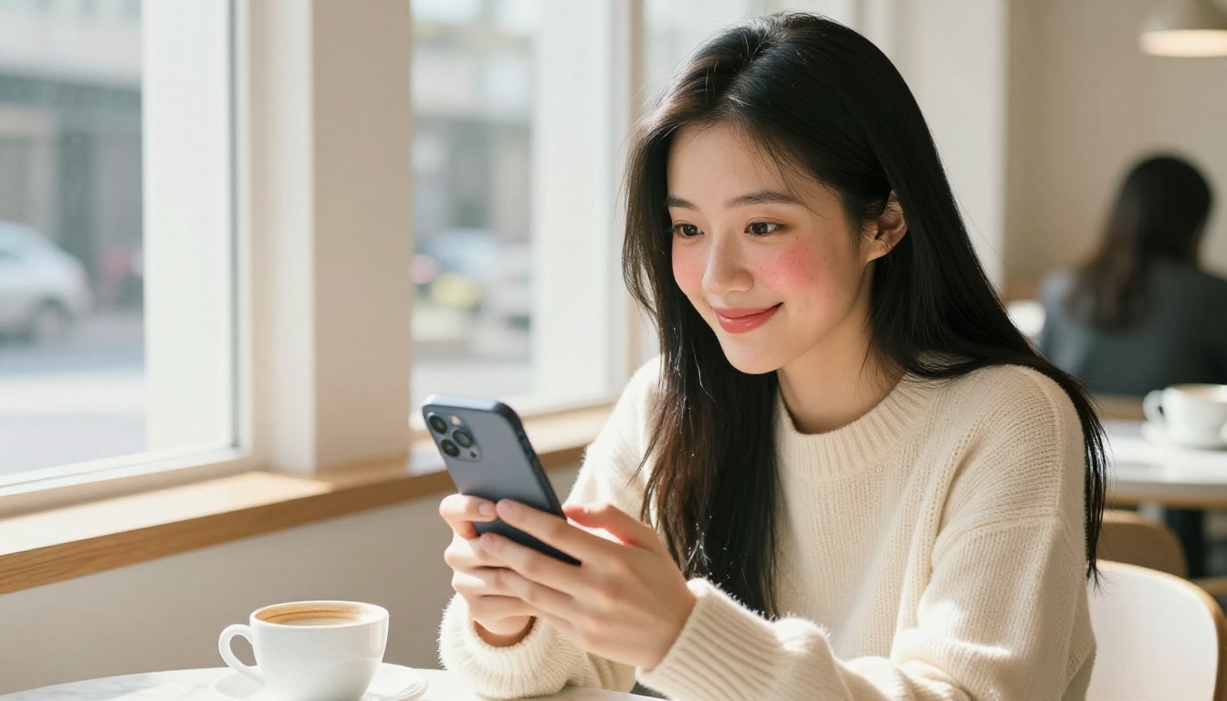 Beautiful Asian woman smiling warmly at her phone in a sunlit Tokyo cafe, natural window light and Kodak Portra film grain