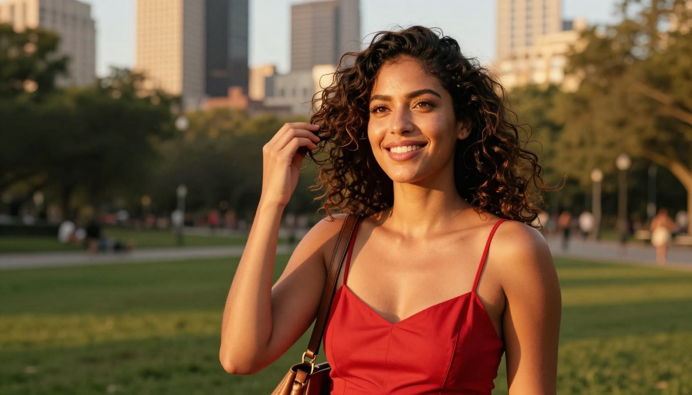 Gorgeous Latina woman laughing mid-stride in a city park at golden hour, curly dark hair catching the warm amber light