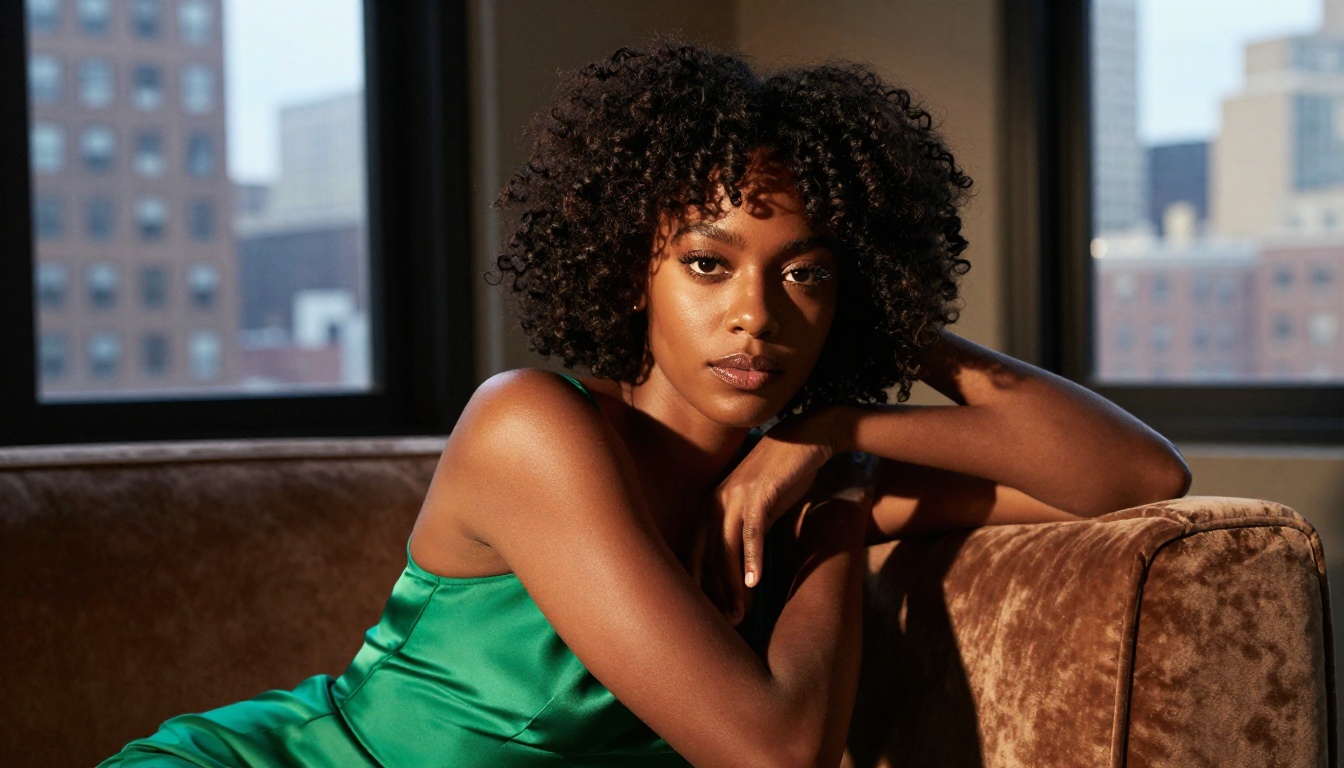 Stunning Black woman leaning forward on a velvet couch in a warm New York loft, expressive eyes and natural afro, editorial fashion lighting