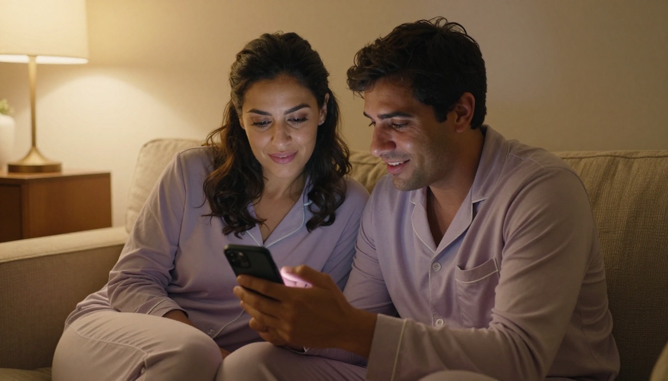 Man and woman sitting close together on a cozy couch, she shows him her phone screen in warm amber lamplight, intimate domestic moment