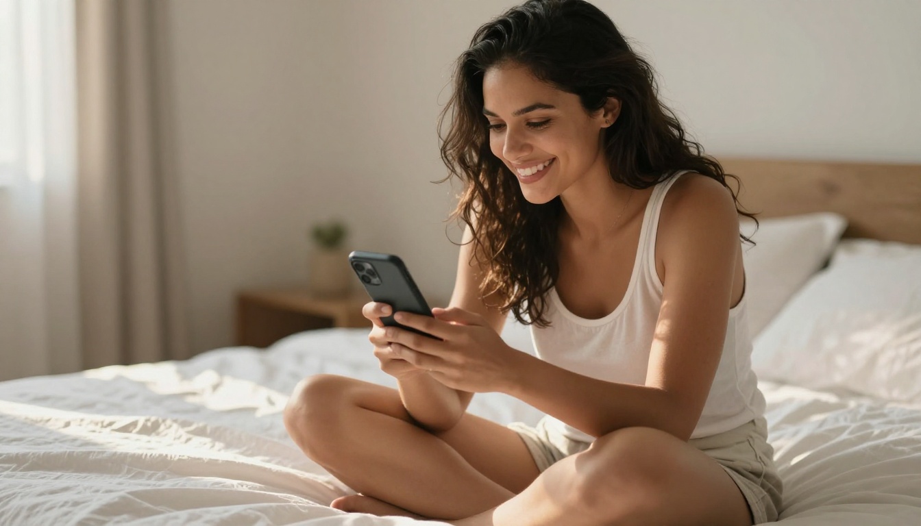 Woman sitting cross-legged on a white bed, smiling at her phone in warm afternoon light