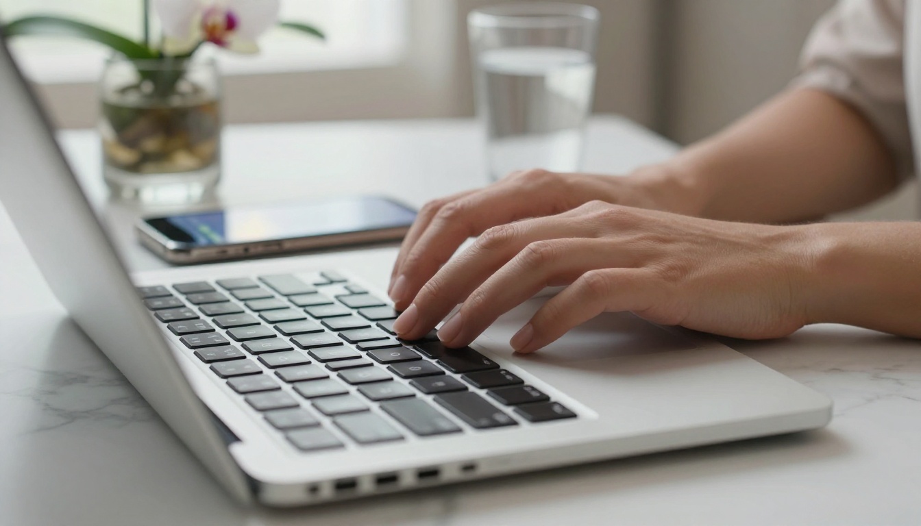 Close-up of hands typing on a laptop with a glowing chat interface on a nearby smartphone