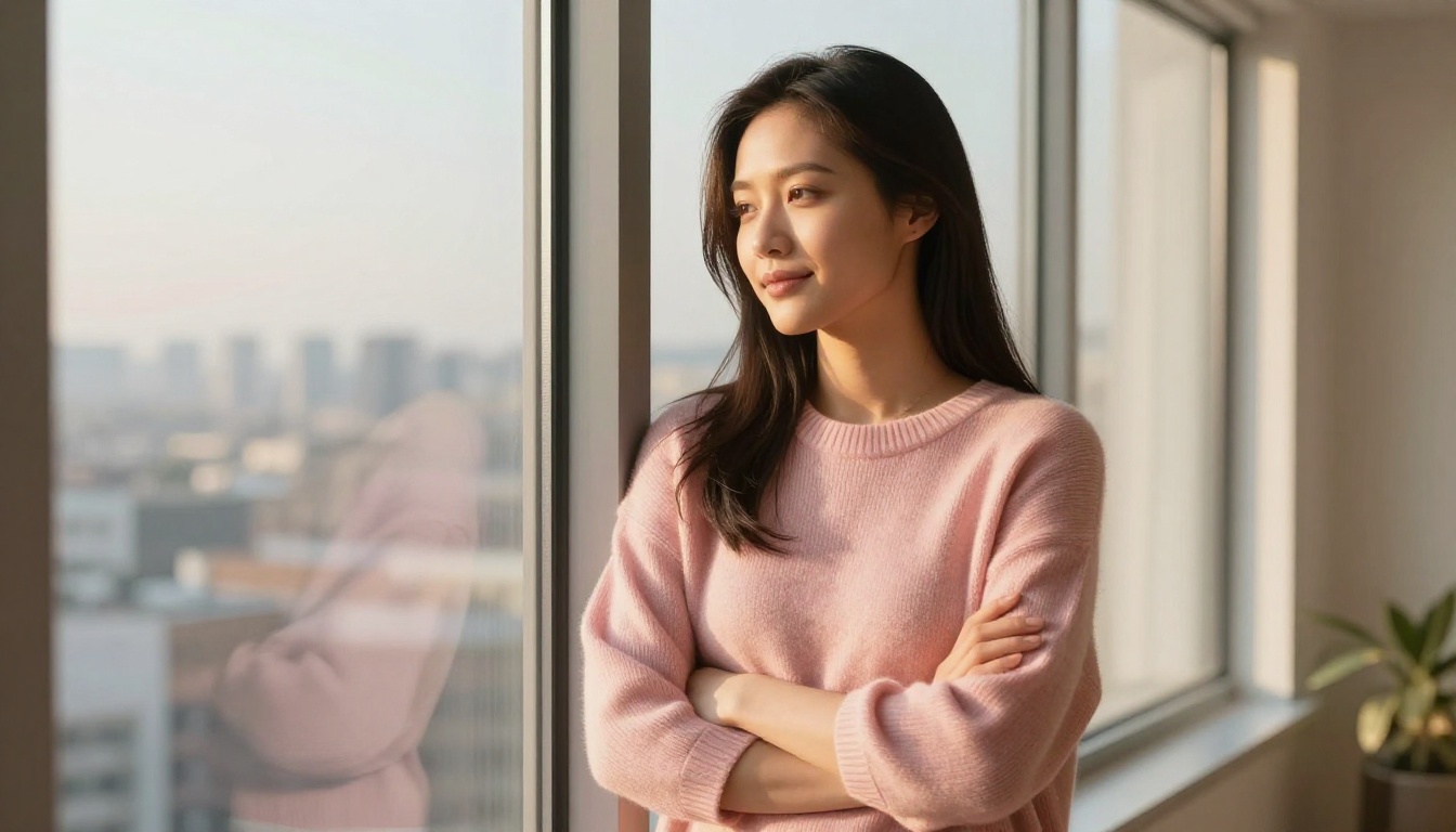 Asian woman leaning against a sunlit window with a confident, self-assured expression