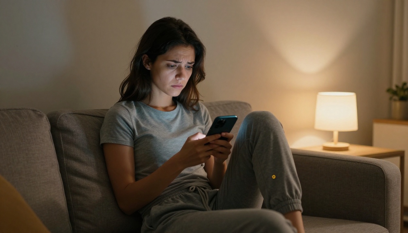 Woman frustrated scrolling through a dating app on her phone