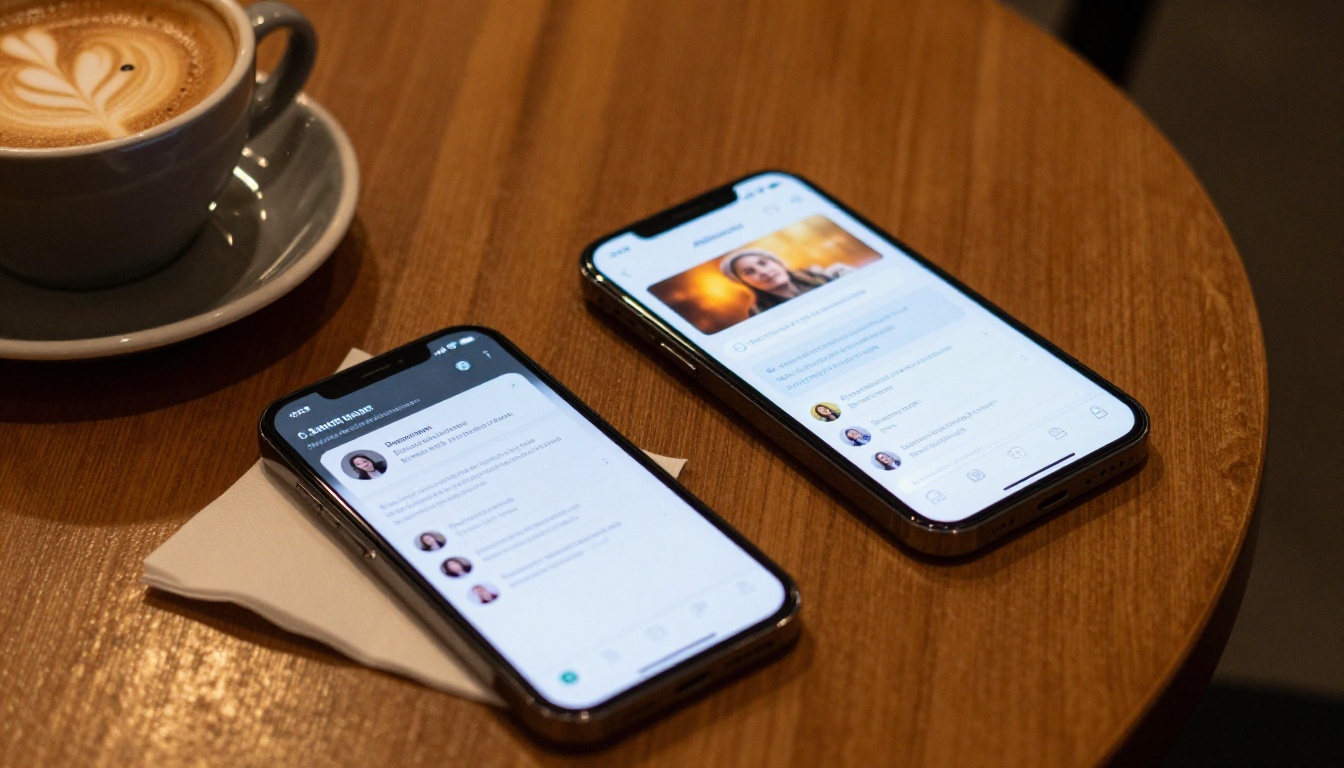 Two smartphones side by side on a café table, one showing a dating app, the other showing an AI chat interface