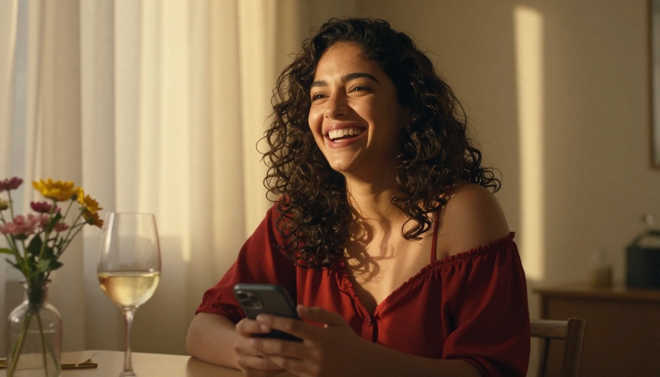 Latina woman laughing while holding her phone