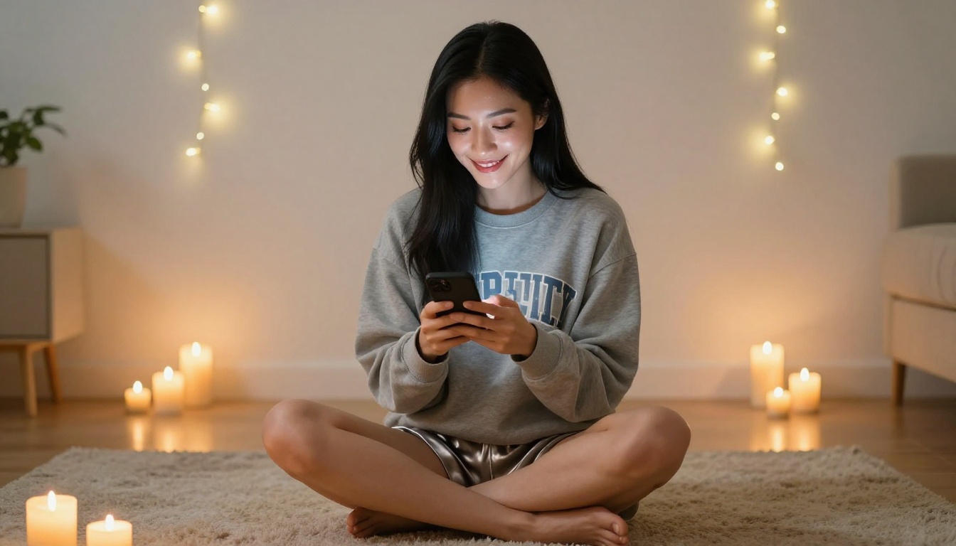 Asian woman sitting cross-legged chatting warmly by candlelight in her apartment Asian woman sitting cross-legged chatting warmly by candlelight in her apartment
