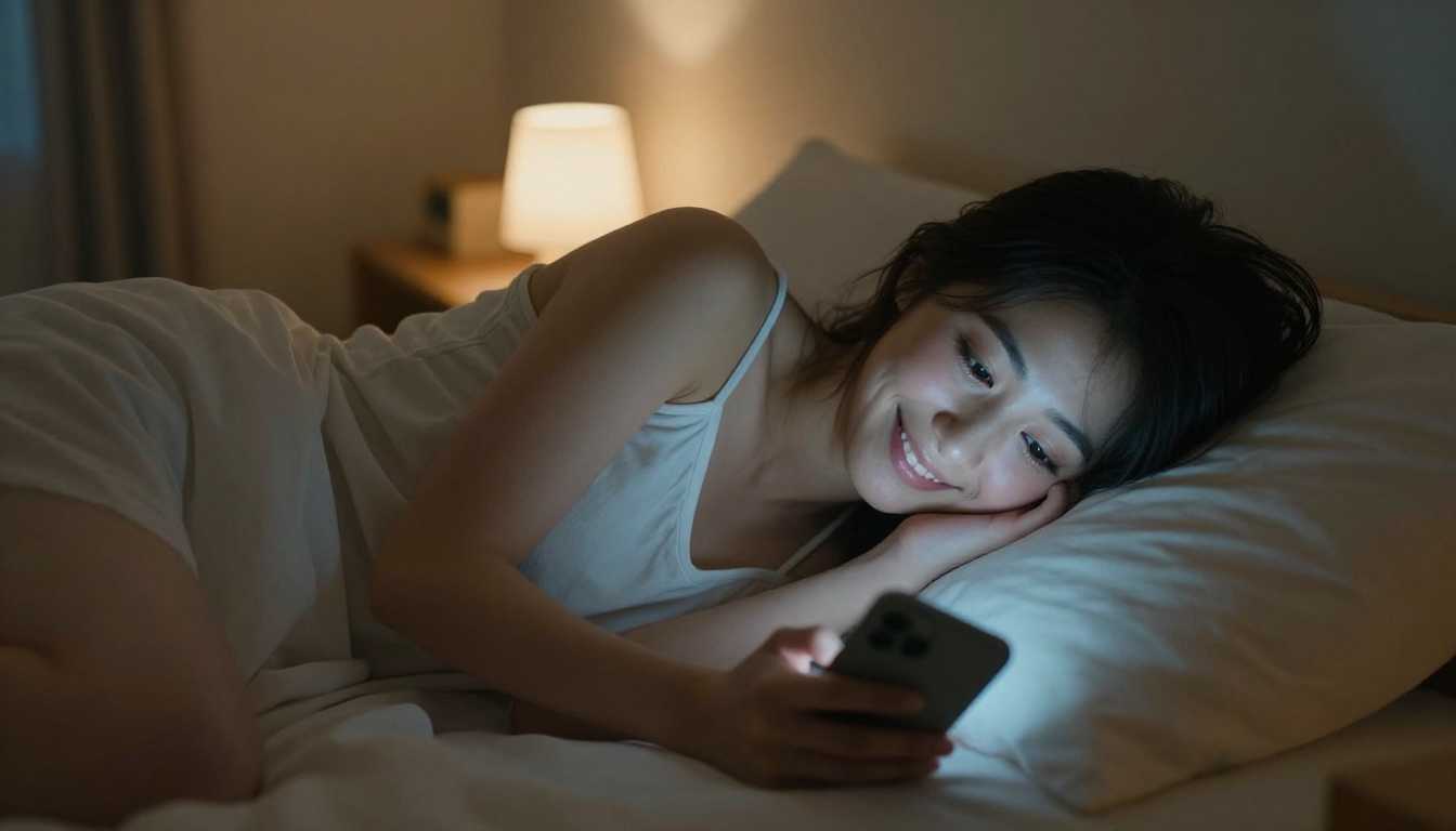 Japanese woman smiling at her phone in the dark