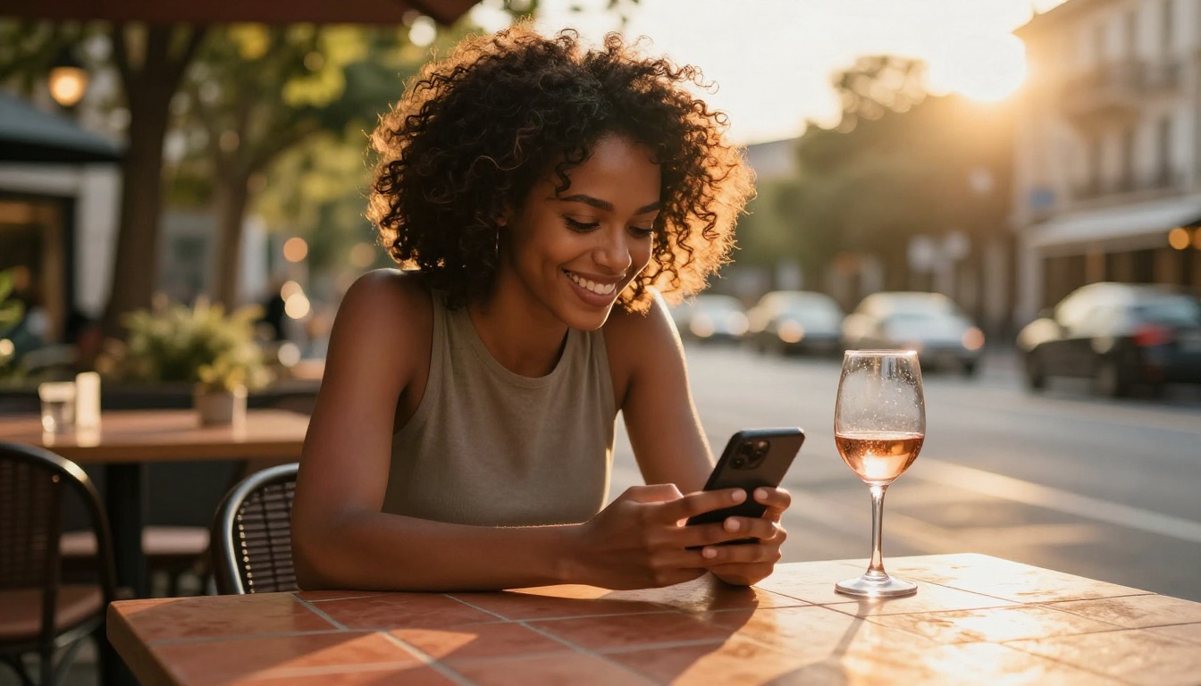 Black woman with natural curly hair laughing at her phone at a golden hour outdoor café terrace