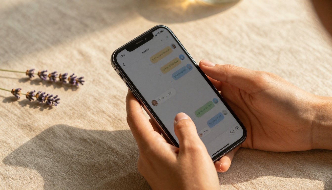 Close-up of hands holding a smartphone with a warm chat interface