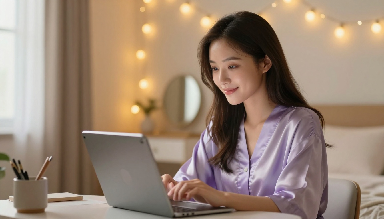 East Asian woman sitting at a vanity desk with fairy lights in the background, smiling at a tablet