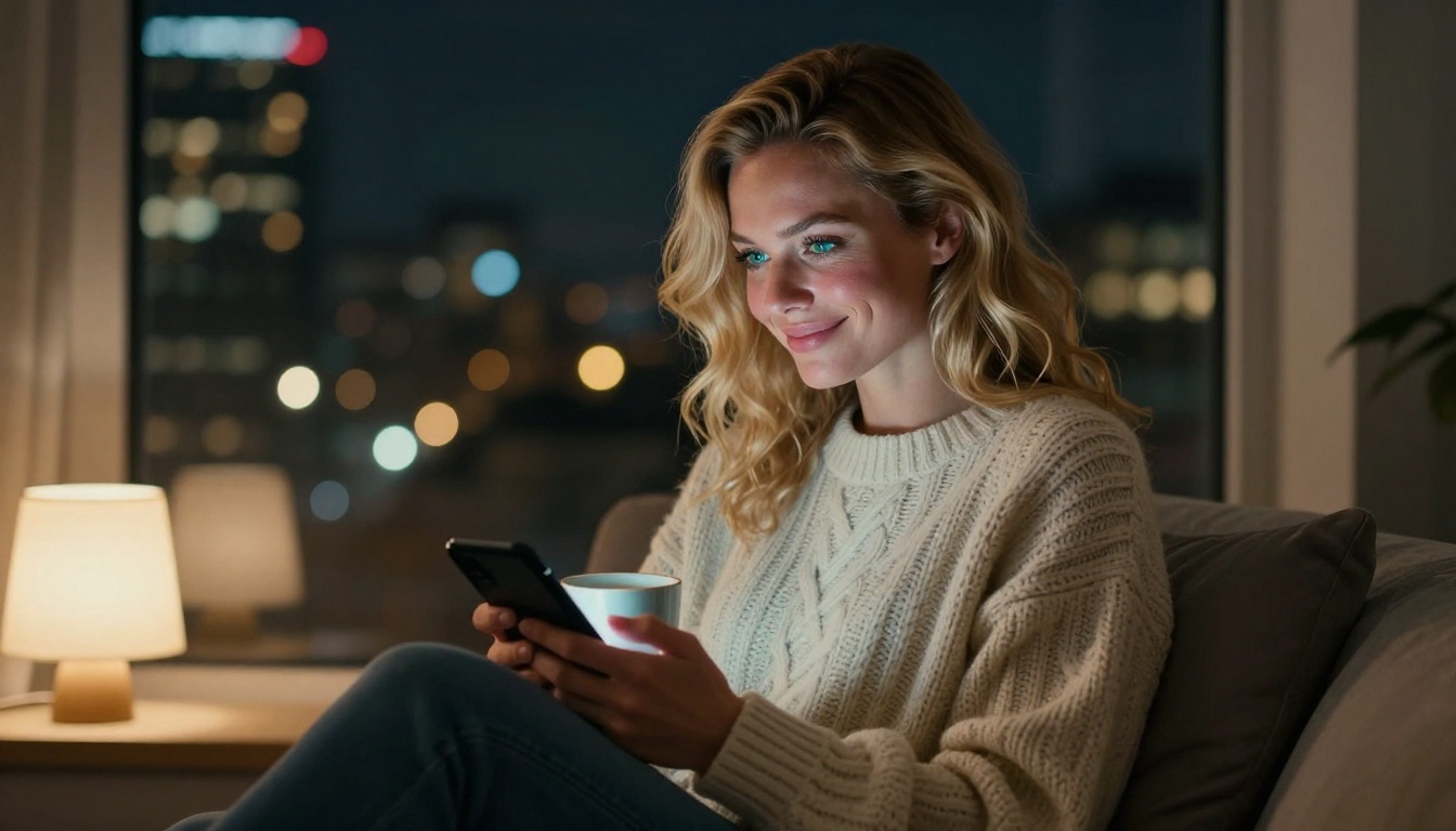 Radiant European woman sitting in a window nook at night, smiling warmly at her phone Radiant European woman sitting in a window nook at night, smiling warmly at her phone