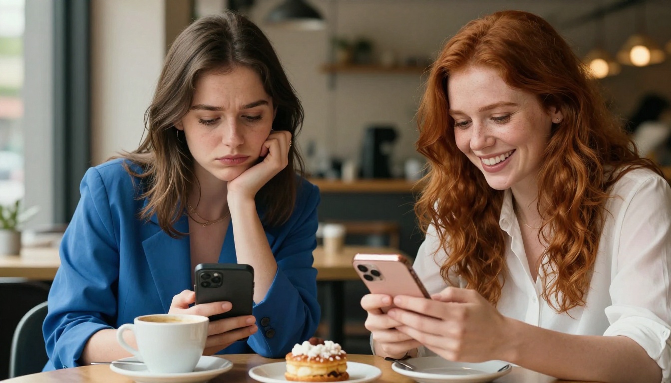 Two women at a café comparing their phone experiences