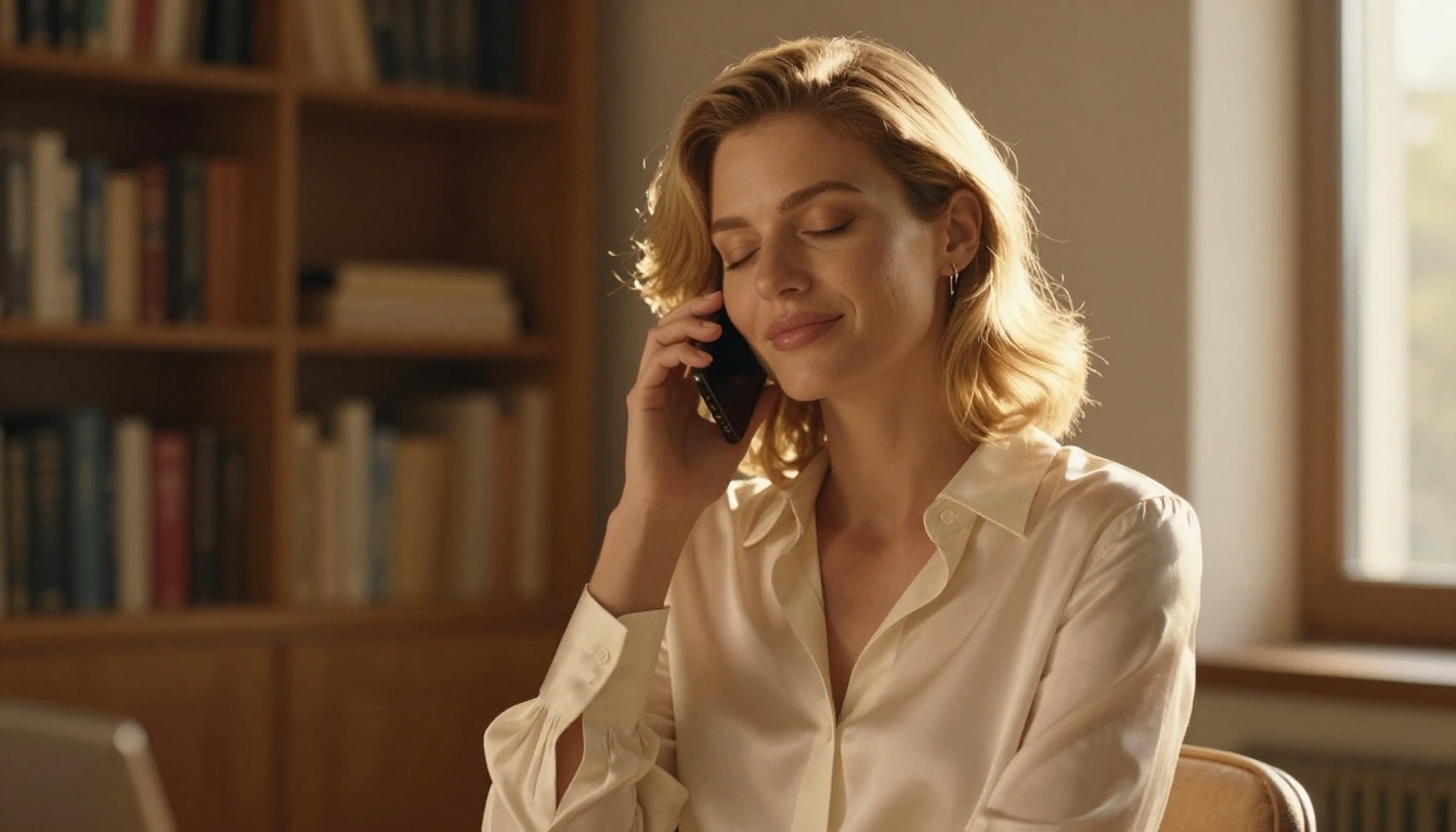 European woman by a sunlit window, eyes closed and smiling