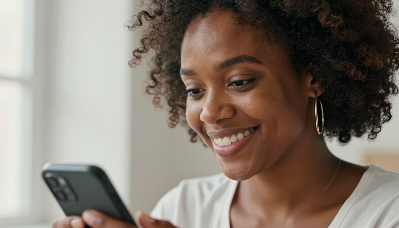 Gorgeous African American woman smiling genuinely at her phone, radiant and happy Gorgeous African American woman smiling genuinely at her phone, radiant and happy