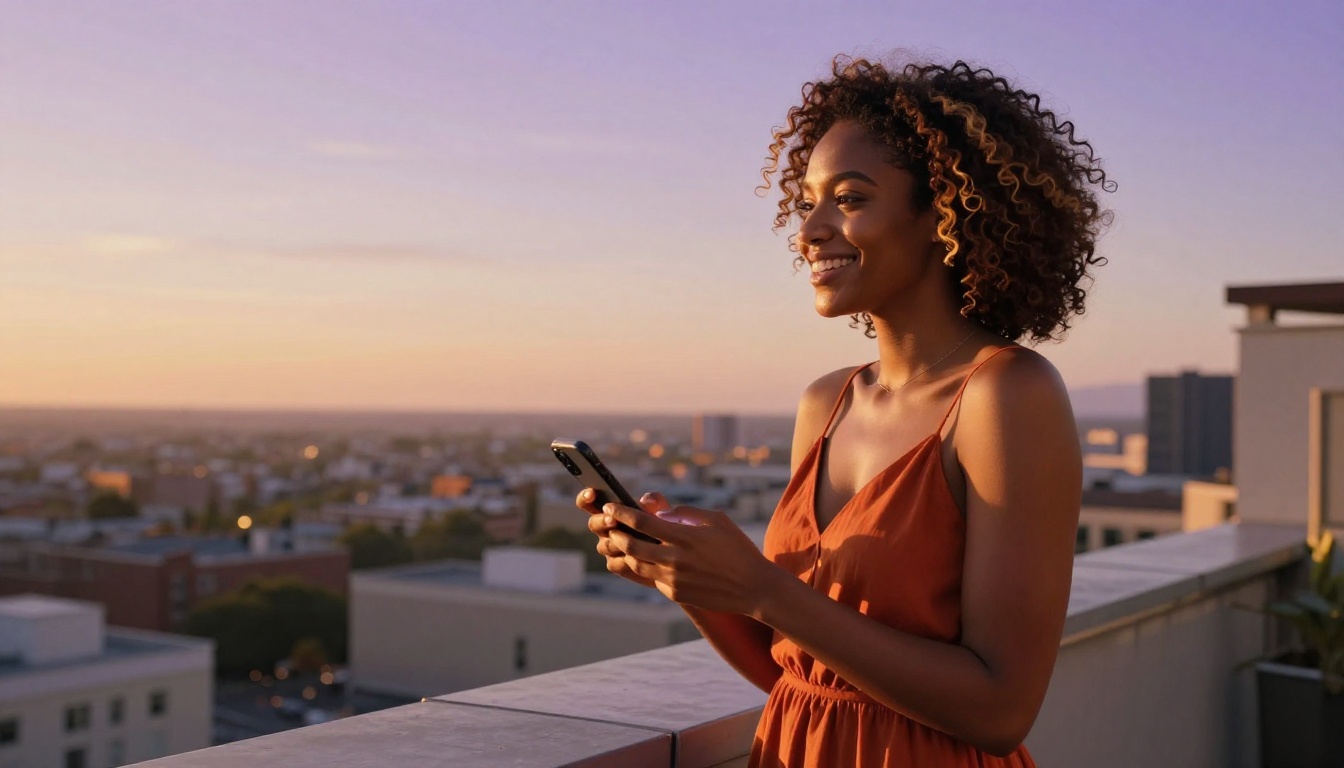 African American woman at sunset on a rooftop, smiling