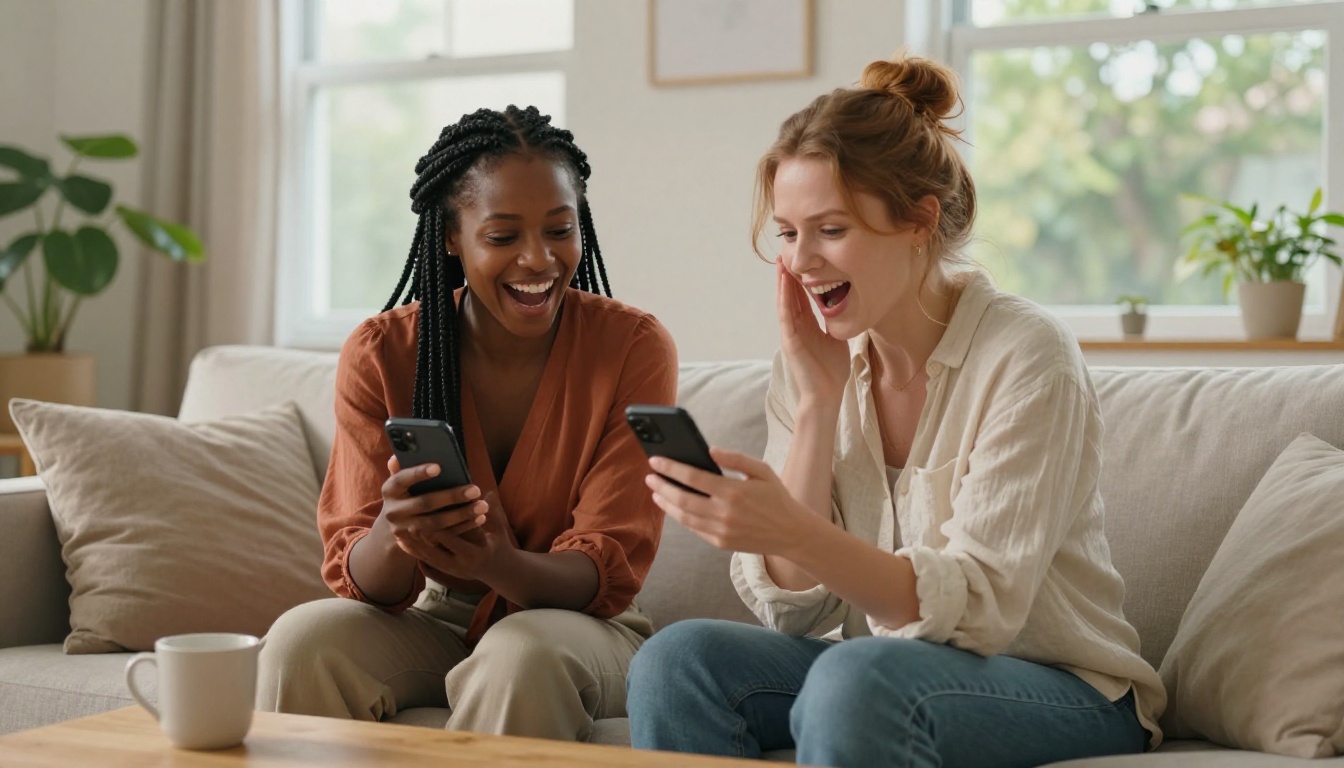 Two women laughing together and comparing notes on their phone conversations Two women laughing together and comparing notes on their phone conversations