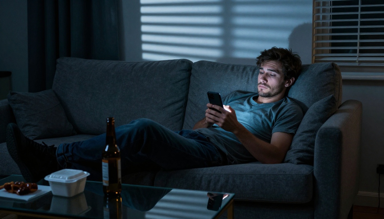 A man exhausted by dating apps scrolling his phone alone at night