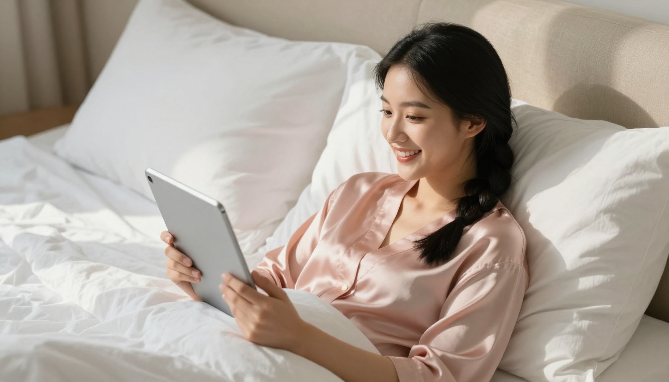 A woman enjoying a warm, personalized AI companion conversation in the morning