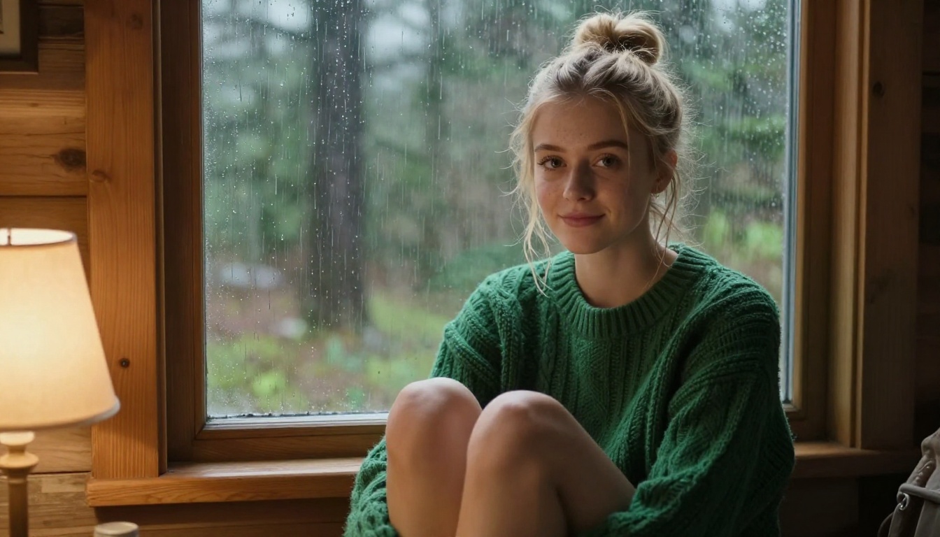 A woman looking thoughtfully through a rainy window, contemplating connection