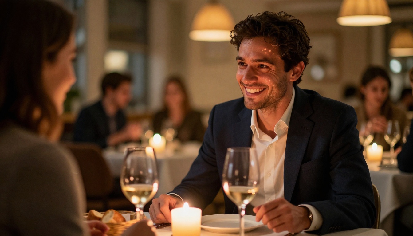 A man experiencing genuine warmth in a candlelit restaurant, the feeling AI companionship can replicate