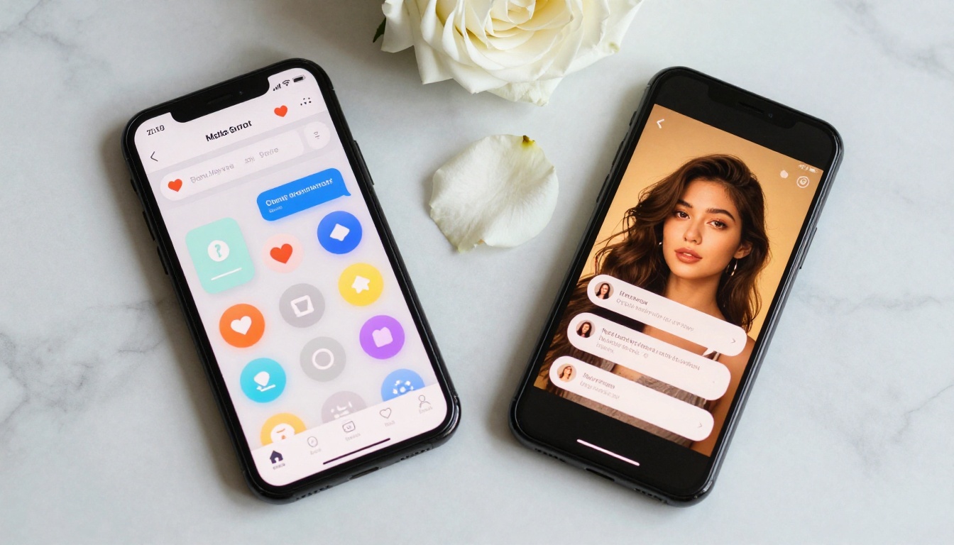 Two smartphones side by side comparing dating app and AI companion interfaces