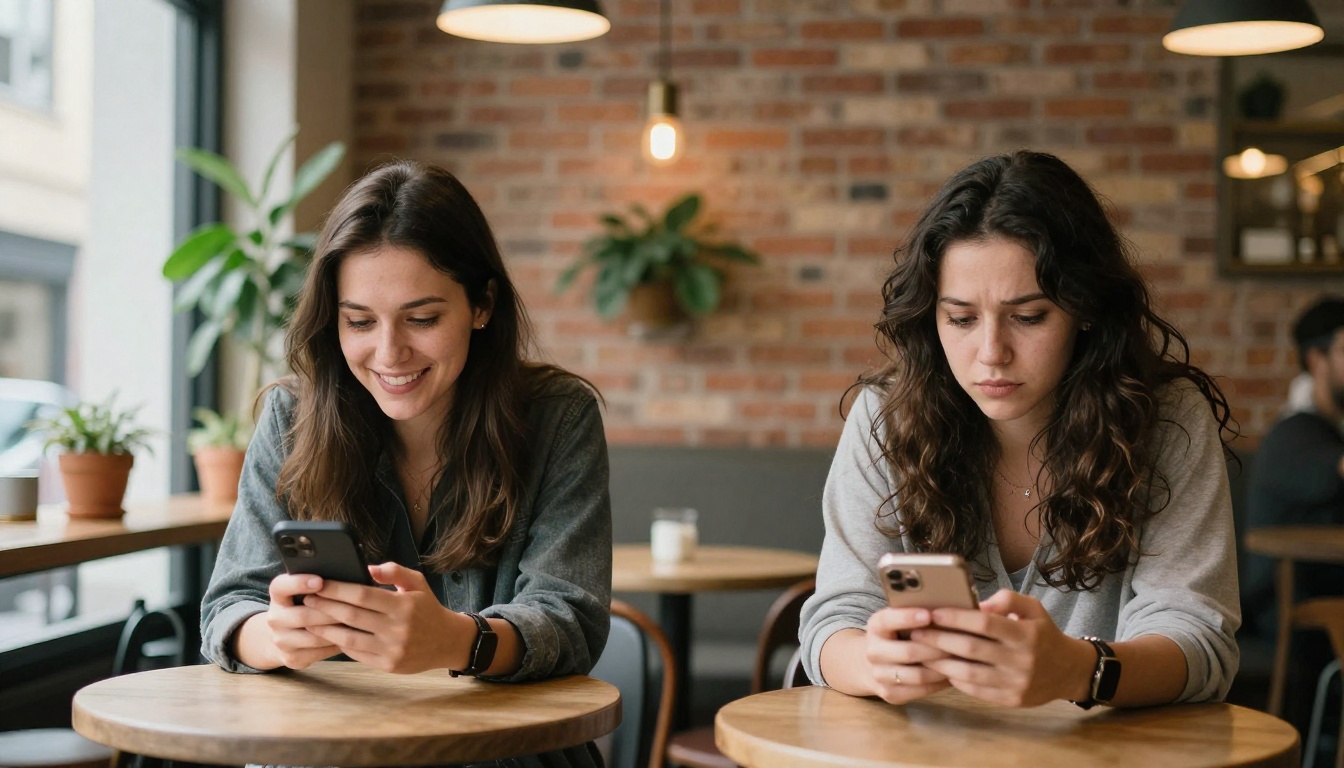 Two women at adjacent café tables, one engaged and happy with her phone, the other bored and frustrated