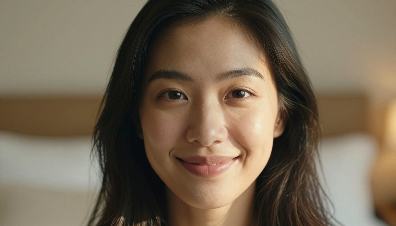 Beautiful Asian woman with a warm inviting smile, soft golden window light portrait