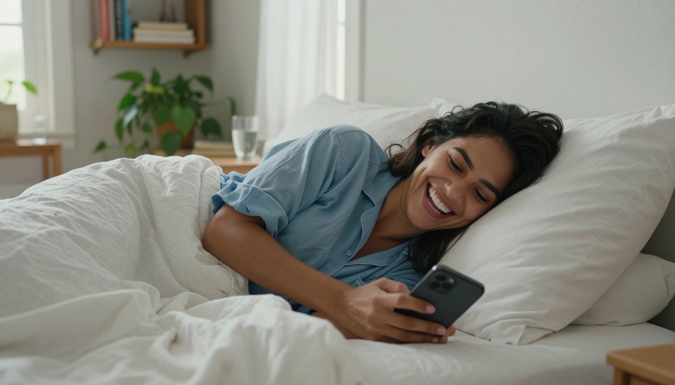 Latina woman laughing openly on bed, reading phone with genuine joy
