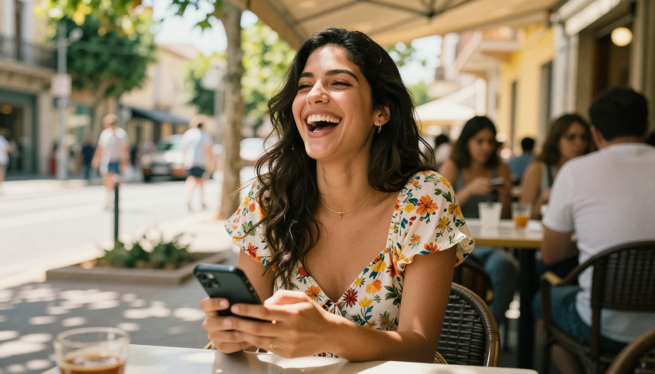 Latina woman laughing joyfully at her phone while sitting at a bright outdoor café terrace